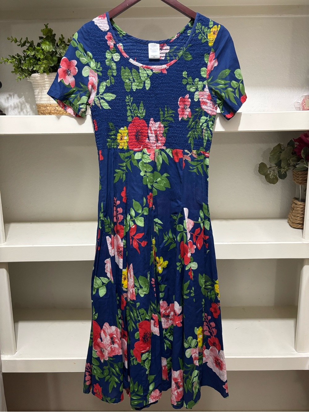 Blair Navy Floral Smocked Bodice A-Line Dress with Pink & Red Blooms